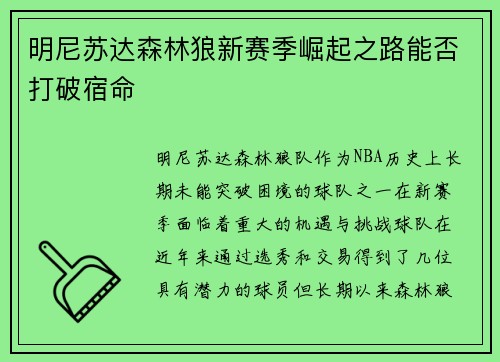 明尼苏达森林狼新赛季崛起之路能否打破宿命 明尼苏达森林狼新赛季崛起之路能否打破宿命