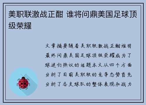 美职联激战正酣 谁将问鼎美国足球顶级荣耀 美职联激战正酣 谁将问鼎美国足球顶级荣耀