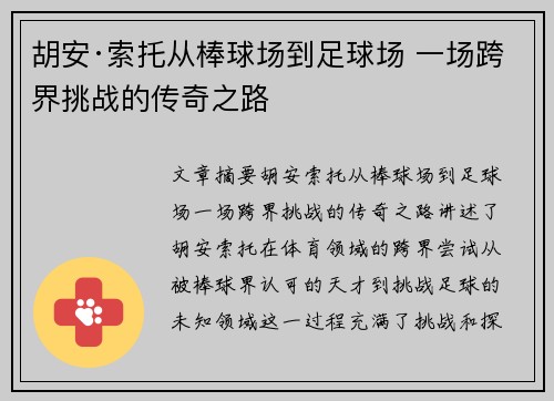 胡安·索托从棒球场到足球场 一场跨界挑战的传奇之路