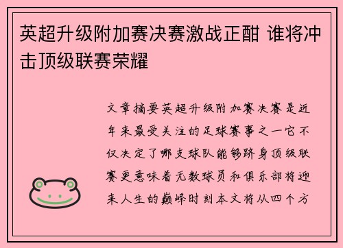 英超升级附加赛决赛激战正酣 谁将冲击顶级联赛荣耀 英超升级附加赛决赛激战正酣 谁将冲击顶级联赛荣耀